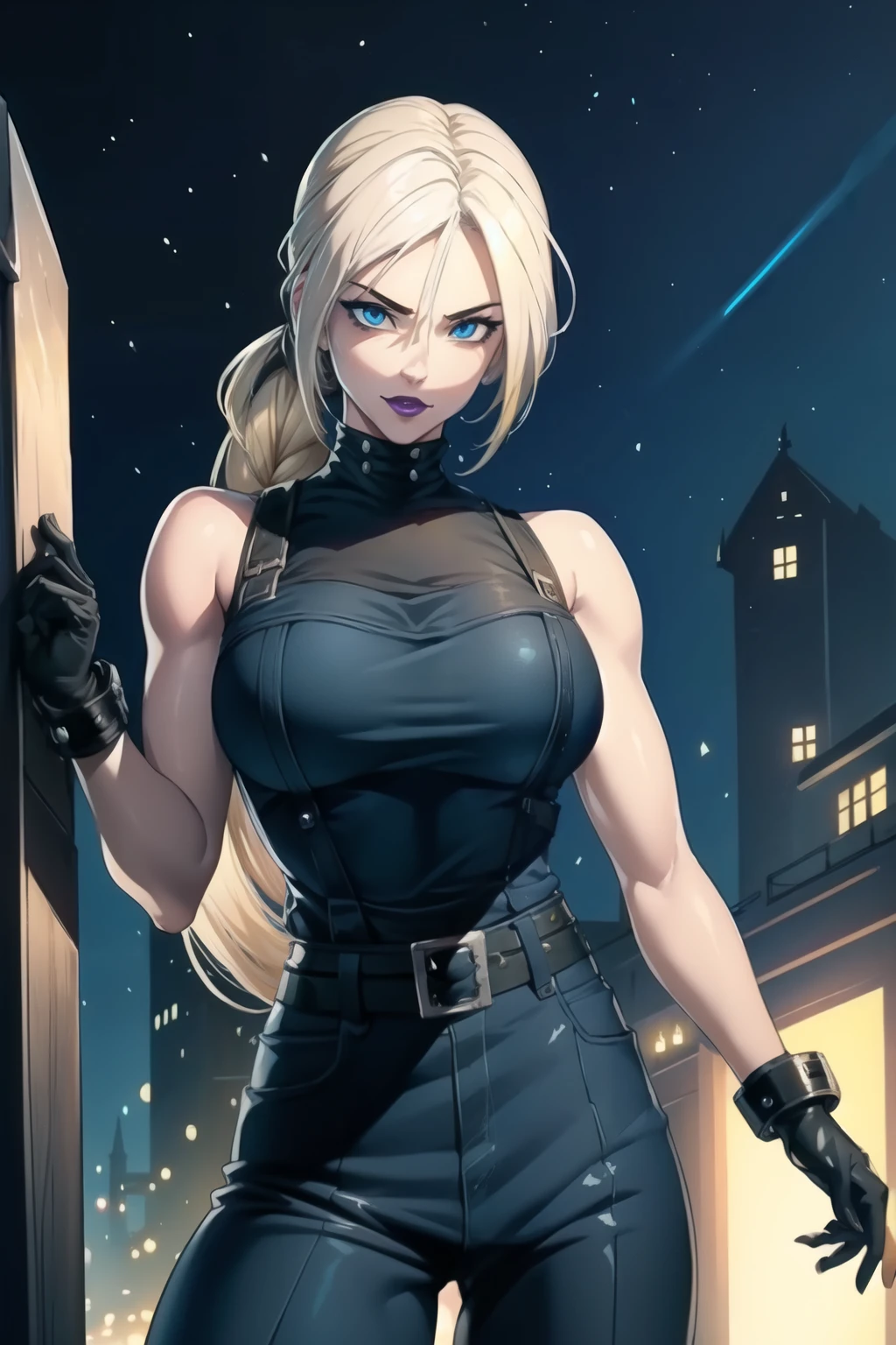 (masterpiece, best quality:1.2), Blue  glowing eyes, perfect face, highres, 1 girl, solo, ultra long ponytail, (female:1.5), strife, blonde hair, shoulder armor, sleeveless turtleneck, suspenders, belt, gloves, bracer, evil smile, standing, portrait, looking at viewer, giant sword on the back