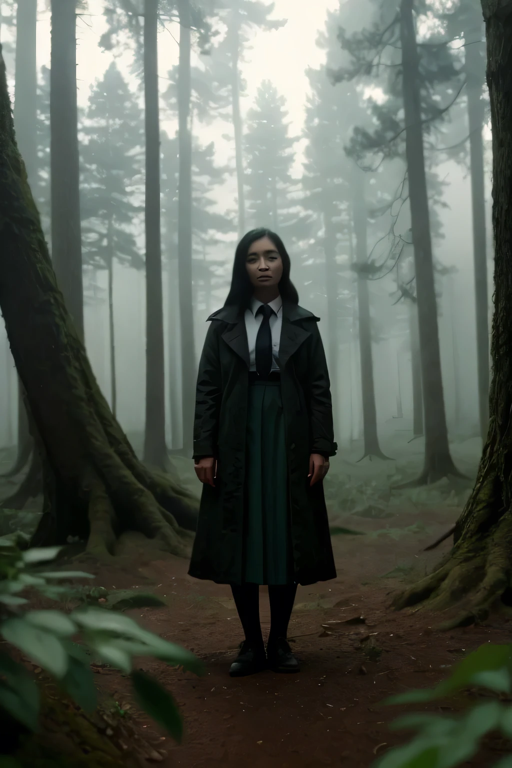 a girl in a school uniform standing in a forests, far shot, dense fog, surrealism, modern, cinematic lighting, blurry, Fujicolor, vignetting, wide shot, Fujifilm, lens flare, (best quality,4k,8k,highres,masterpiece:1.2),ultra-detailed,(realistic,photorealistic,photo-realistic:1.37)，Ultra wide angle，Focus on the forest，Girl standing in the distance holding an umbrella