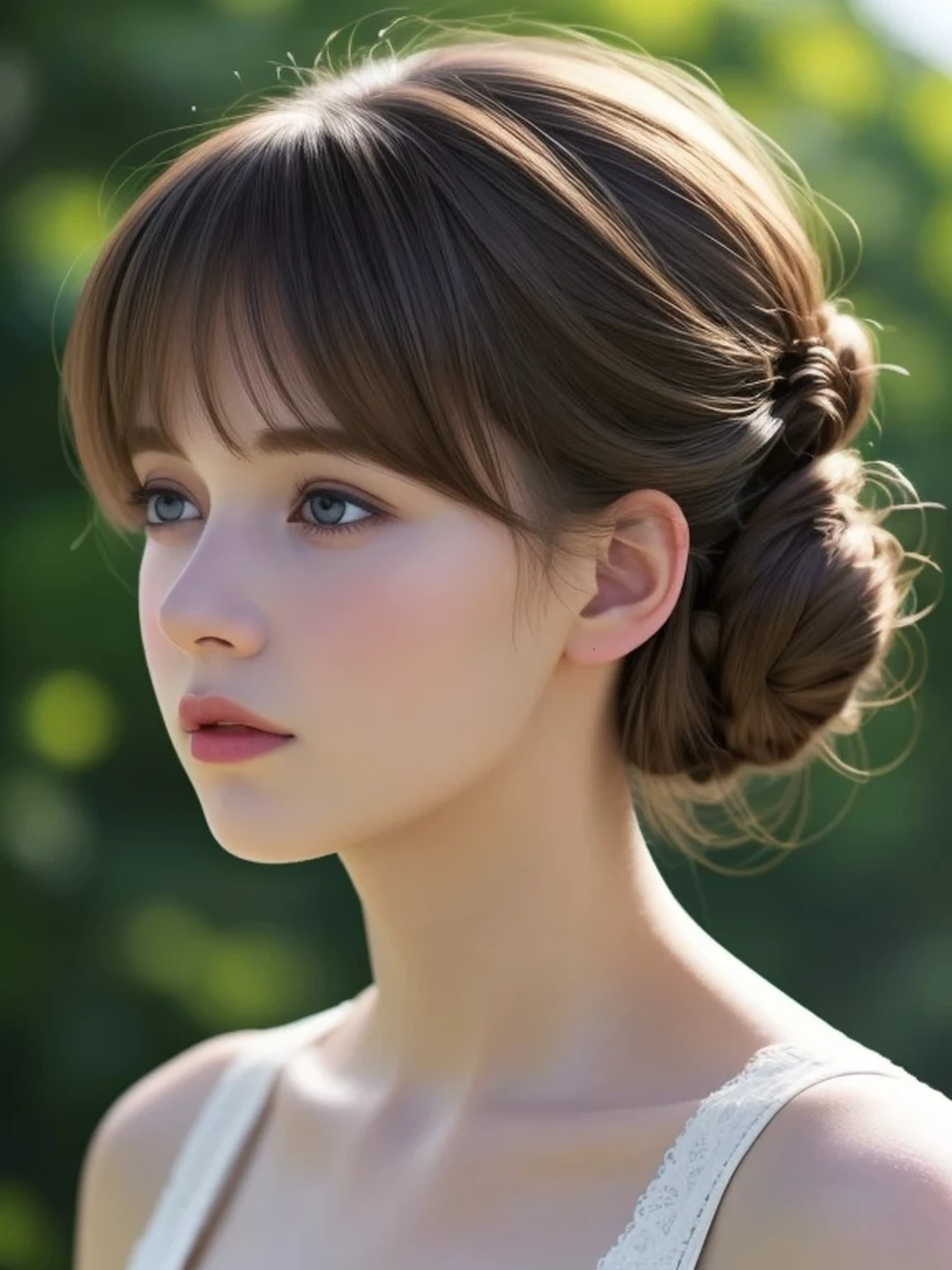 (looking away:1.4), (upper body shot:1.2), Realistic digital painting of a woman portrait, Shy, Cute, open mouth to say something, sad, blue eyes, (half updo:1.1), (light brown brunette hair:1.3), bangs, (Highly detailed skin:1.2), Mystical style, Global Illumination,