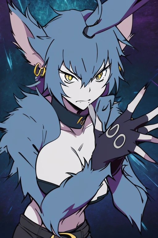 Wolfie, hells, girl1, solo, leather pants, furry, hair, ears, earrings, spiral breasts, furry hands, (best quality 1.2)(Masterpiece 1.2) serious look, lightning hands, glowing veins, electric power, glowing hands, electric hands