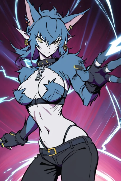 Wolfie, hells, girl1, solo, leather pants, furry, hair, ears, earrings, spiral breasts, furry hands, (best quality 1.2)(Masterpiece 1.2) serious look, lightning hands, glowing veins, electric power, glowing hands, electric hands