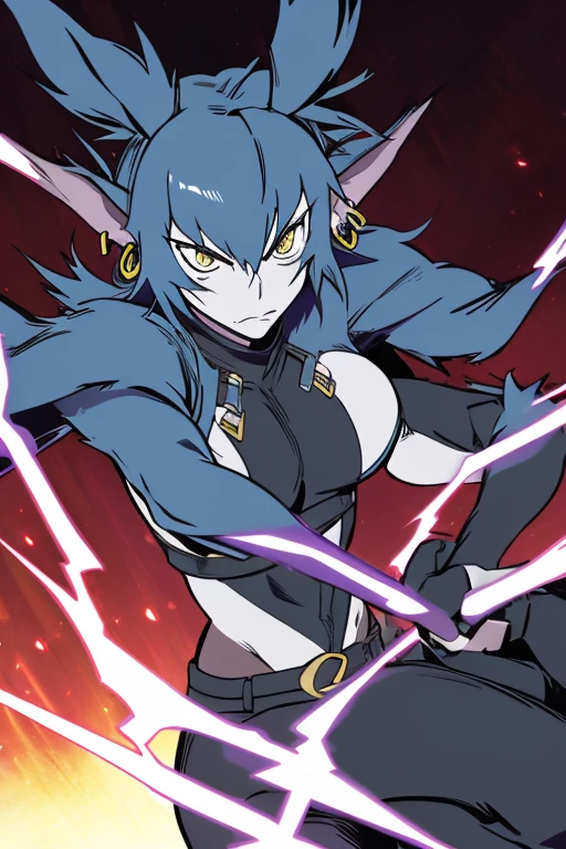 Wolfie, hells, girl1, solo, leather pants, furry, hair, ears, earrings, spiral breasts, furry hands, (best quality 1.2)(Masterpiece 1.2) serious look, lightning hands, glowing veins, electric power, glowing hands, electric hands