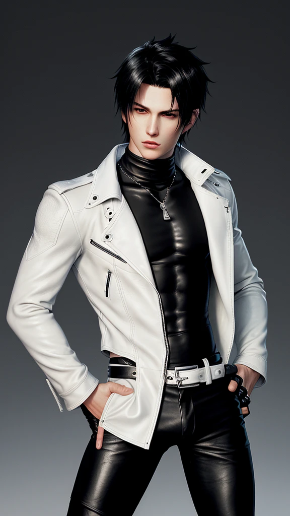 Final fantasy taste and reality graphics, Japanese young cute and cool boy, thin eyebrows and beady eyes, he wearing off white color leather thick singlebrest biker jacket, with epaulet, jacket zipped, jacket is biker style, , jacket collar is high length stand-up collar with belts, jacket is a little black line pattern, also wearing black thick turtleneck shirts, tight black leather pants, shiny black leather tight and thin glove, black leather knee-high raceup boots,views head-to-toe,views whole body, boy looks like fashion model,Do not show skin from the neck down,leather jacket leather glove and leather pants have few wrinkles,boy in the room,