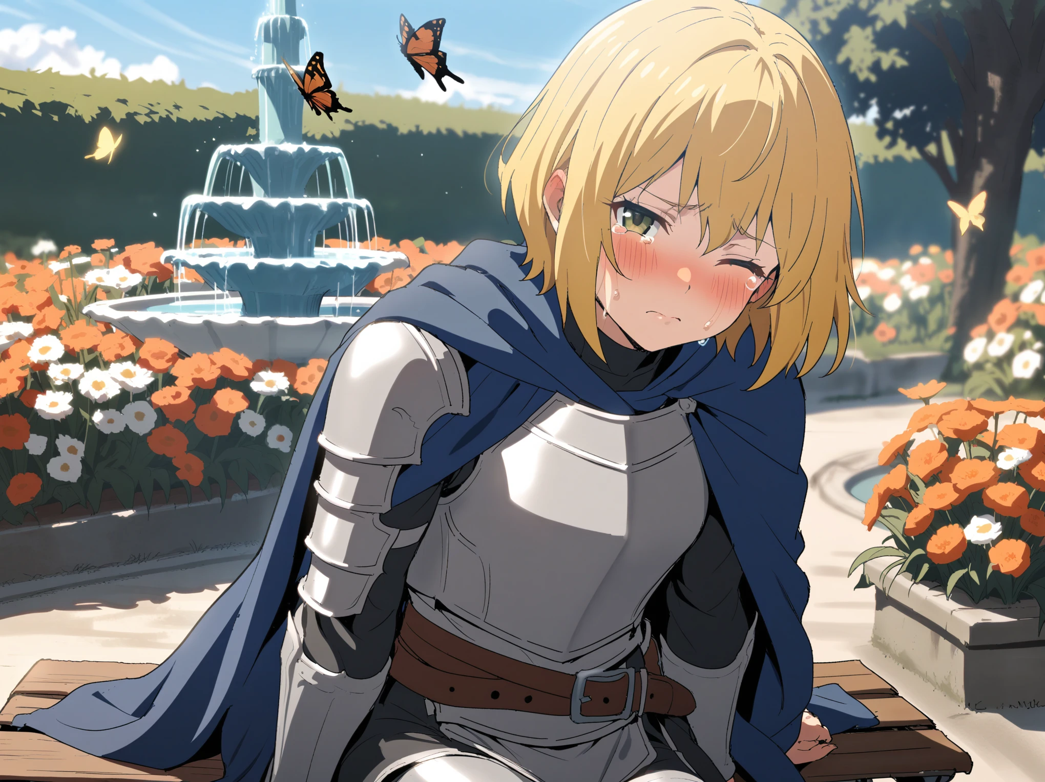 {{cowboy shot, pov, from side}} {{Artist: Sincos}} 1girl, solo, muscular female, mature female, androgynous, tomboy, mouth closed, sitting, bench, blonde hair, very short hair, bob cut, green eyes, flat chest, plate armor, blue cloth, blue cloak, leather belt, outdoors, garden, fountain, butterfly, flowers, looking at viewer, blush, tears, medieval fantasy.
