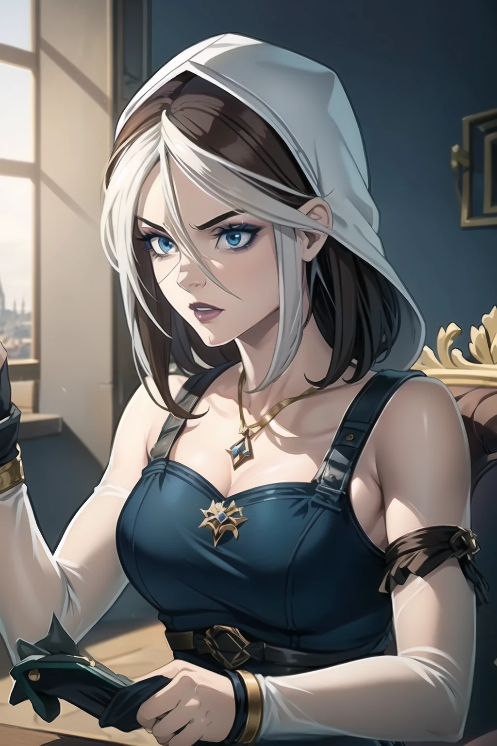 A full-body shot of Princess Zelda, brown hair, blue eyes, dressed as an Assassin from Assassins Creed, in white+gold witha white mask and hood with gold details, XL bust, using a wrist blade. Background: A city during the renaissance period. Unreal Engine 5, Anime, Anime style, Masterpiece, Well drawn eyes, well drawn face, well detailed eyes, well detailed face, 8k, light and shadow effect.  