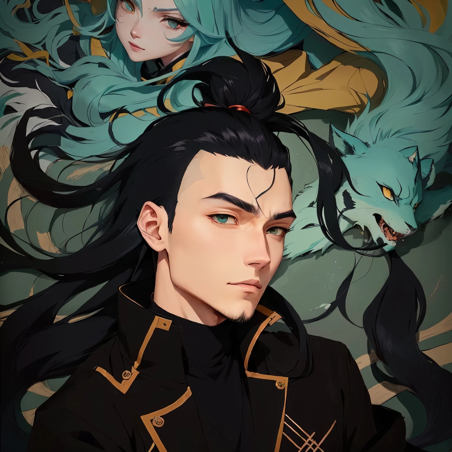 personagem de anime com longos cabelos pretos e uma jaqueta preta, demon slayer rui fanart, nezuko, handsome guy in demon slayer art, Caleb from Critical Role, nezuko-chan, Katara de Avatar, fanart de marin kitagawa, inspirado em Munakata Shiko, in the anime series ergo proxy, inspirado em Yang Jin, mago de cabelo preto