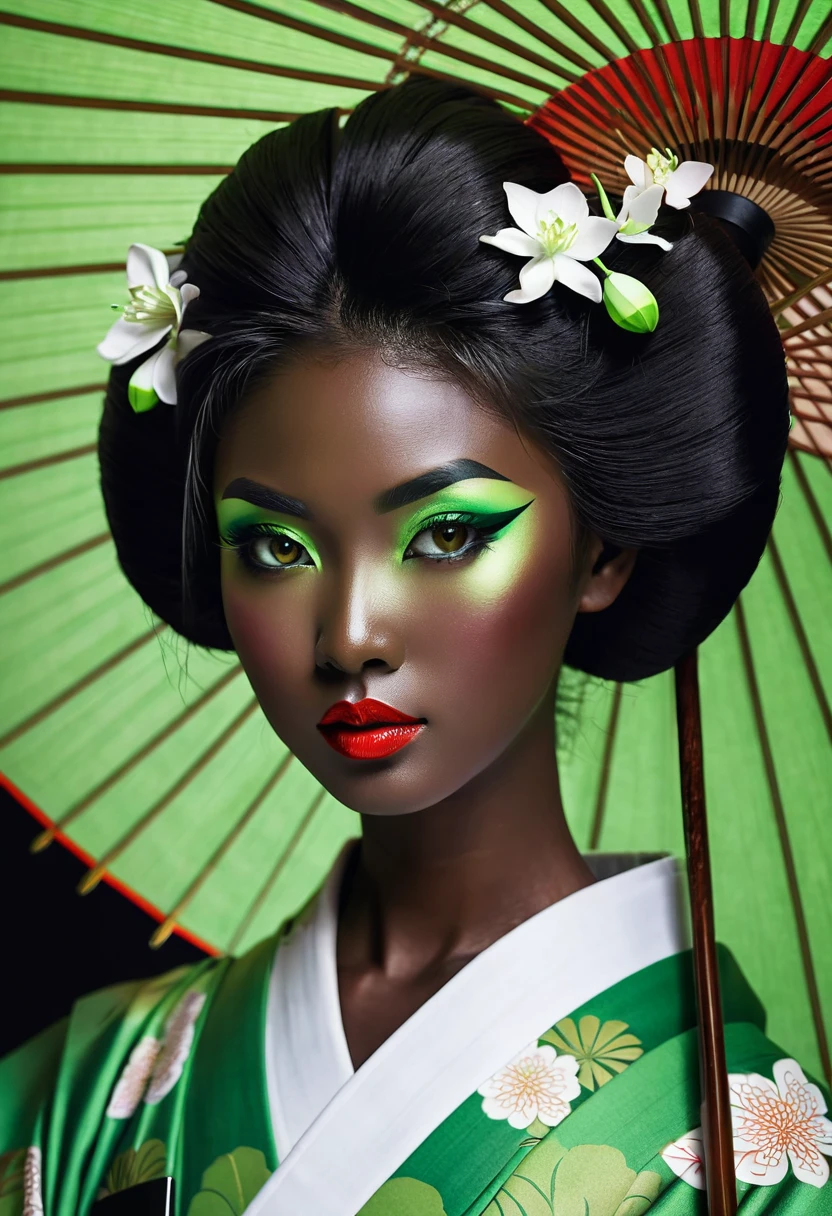 anime Dark-skinned geisha with green eyes and umbrella, fan