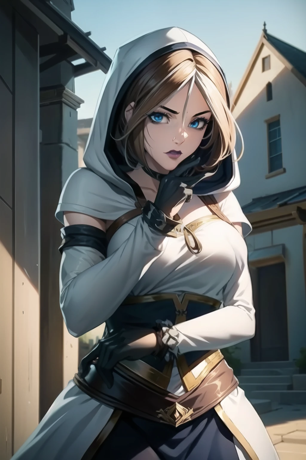 A full-body shot of Princess Zelda, brown hair, blue eyes, dressed as an Assassin from Assassins Creed, in white+gold witha white mask and hood with gold details, XL bust, using a wrist blade. Background: A city during the renaissance period. Unreal Engine 5, Anime, Anime style, Masterpiece, Well drawn eyes, well drawn face, well detailed eyes, well detailed face, 8k, light and shadow effect.  