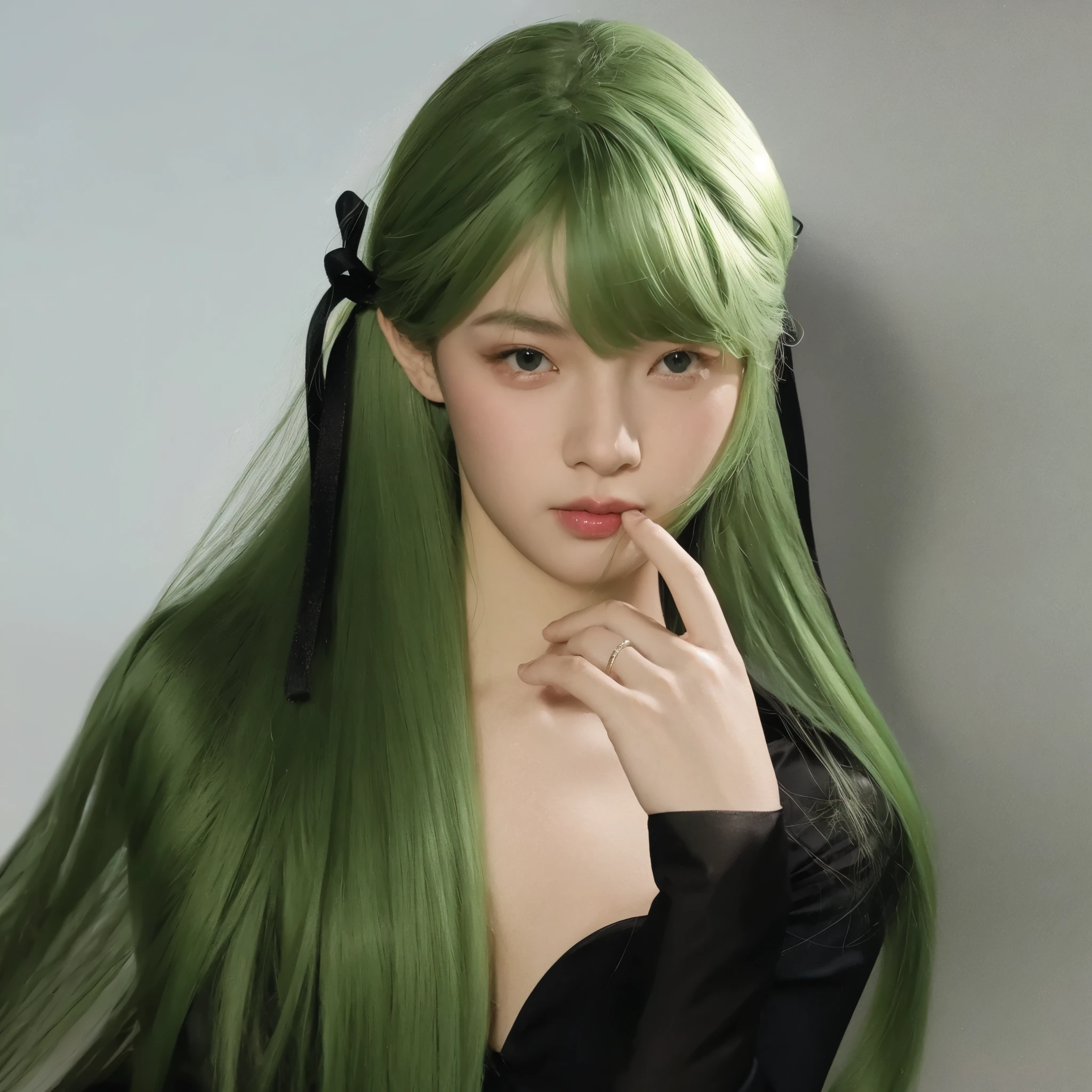 Long straight green hair,Natural and beautiful,The background is simple and clean
