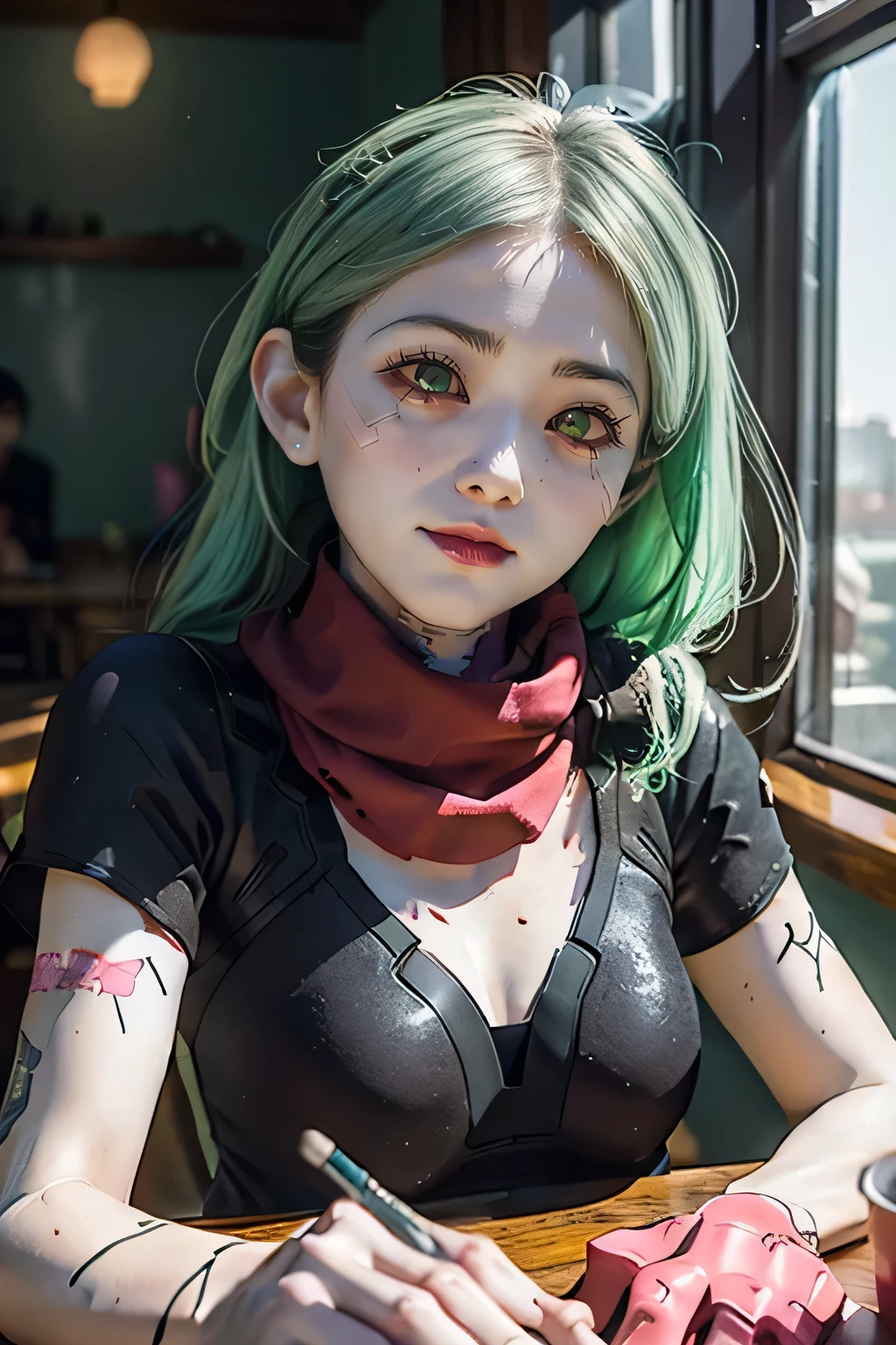 ridiculous, high resolution, Super detailed, Rebecca, Green Hair, Red sclera, pink tattoo, Purple lips, Double tail, scarf, have, Black T-shirt, :3, Grin, Arm support, looking at the audience, Put hand on cheek, Squint, table, dining room, Chest，Upper Body，Areola，moon，The rocket takes off，Cyberpunk，Visual lenses，A high resolution, Photolysis, Lock focus, North African Trade Zone, Surface lamp, Dynamic Lighting, Highest detail, Very high detail、Extremely detailed、detail、Genuine Leather、Exquisite facial features、prone to negative emotions