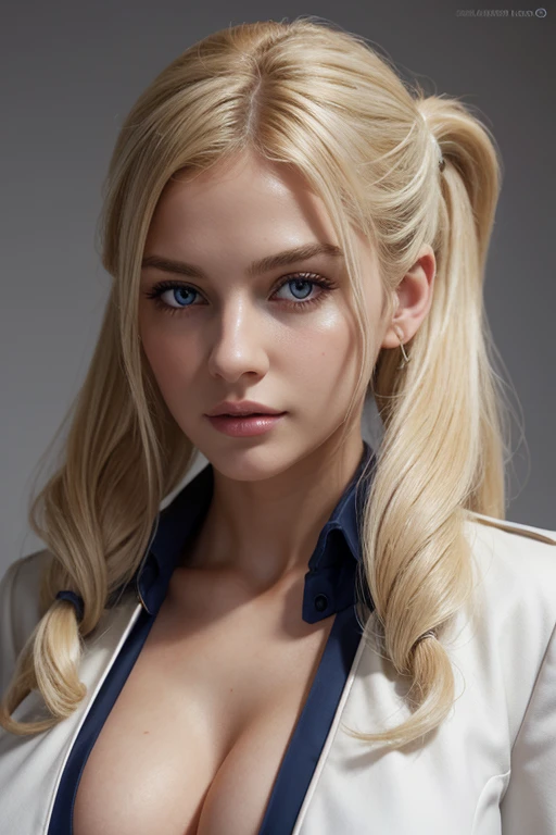 masterpiece, best quality, extremely detailed, hyperrealistic, photorealistic, a beautiful 20s french model, white background, navy jacket:1.2, ultra detailed face, twintails, blonde hair, pale skin, enormous busty breasts, embarrassed, very low cur, blouse off shoulder,
