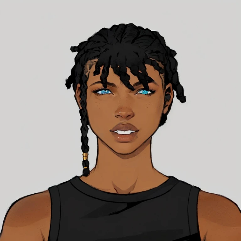 a cartoon of a man with braids and a black top, upper body avatar, avatar image, halfbody headshot, portrait of ororo munroe, a black, detailed character portrait, character concept portrait of me, symmetrical portrait rpg avatar, best quality, thick lips, blue eyes, dreads
