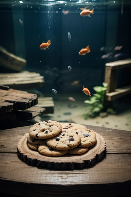 Cookie cookies falling from the sky on a rustic wooden board, in the background an aquarium with fish 