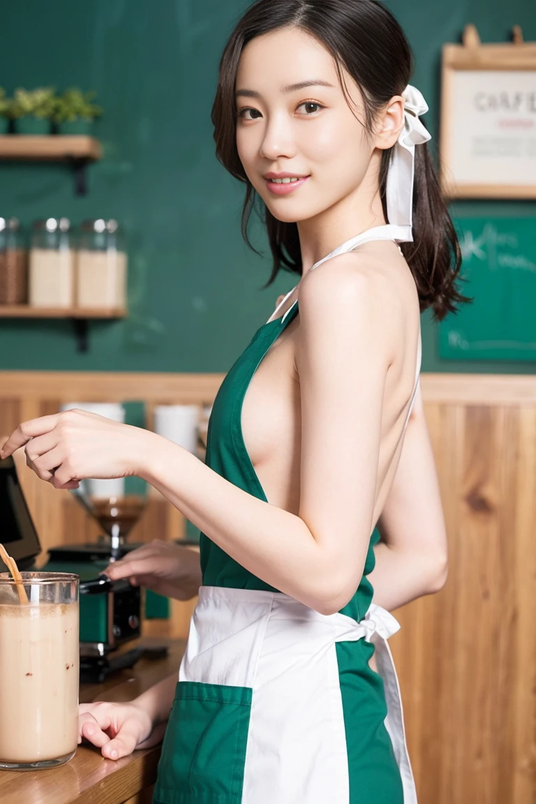 (Realistic、Photorealistic、Ultra-detailed、Highest Detail Skin、highest quality、masterpiece、超A high resolution)、Very cute Japanese woman、18-year-old、Gradient lighting、One Girl、Purelos Face、(((((Naked Apron、Wear only an apron、Green apron only、No clothes)))))、(((Coffee shop clerk、Serve customers at the counter)))、On the bed、Laughter、Realistic skin types、Perfect Style、Gravure idol pose、shortcut、double eyelid,((The camera is from the side of the body)),Small breasts、