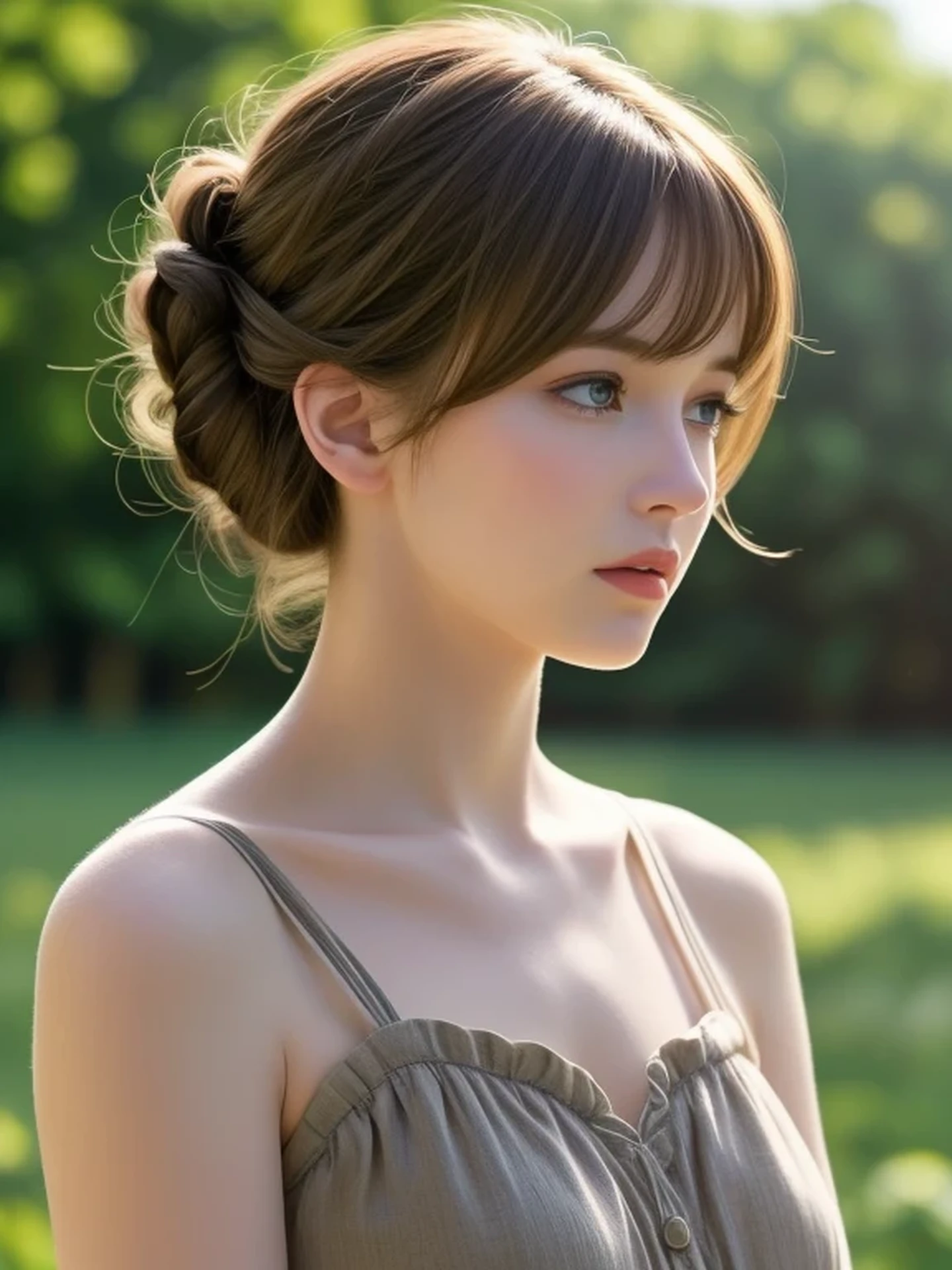 (looking away:1.4), (upper body shot:1.2), Realistic digital painting of a woman portrait, Shy, Cute, open mouth to say something, sad, blue eyes, (half updo:1.1), (light brown brunette hair:1.3), bangs, (Highly detailed skin:1.2), Mystical style, Global Illumination,