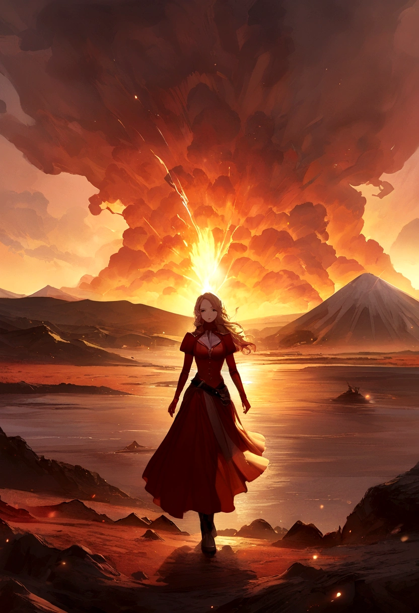Sonya vermelha de fogo, mulher guerreira, posando com um Machado, pronta para a batalha, (fierce expression: extrema), flowing blonde hair, cota de malha, lindos olhos detalhados, beautiful and delicate lips, postura forte e confiante, (fundo: erupting volcano dangerous landscape) ,(lighting: dramatic sunset),(Estilo de arte: Realismo de fantasia:1.1),(Cores extremas:1.2),(Textura de ceda:1.1),(lighting realista:1.1),(Altamente detalhado:1.2),(sharp focus) ,(Cavalona),(physically based rendering),(Cores vivas),(Bokeh