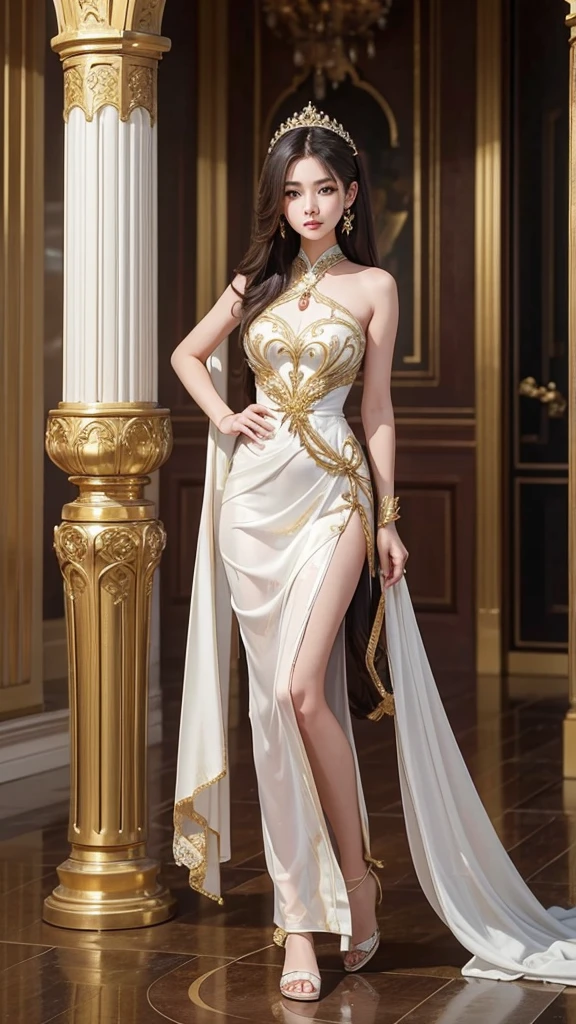 Picture of the most beautiful Thai girl with long, flowing hair The proportional figure is alluring and attractive. The shiny surface has a pearly glow with a luxurious and elegant design. Wearing a short traditional Thai dress, strapless, thin see-through fabric, beautifully intricate patterns, flowing fabric in short tones of white and gold. The background is a luxurious scene, a large hall. Feels like a palace, close-up photo