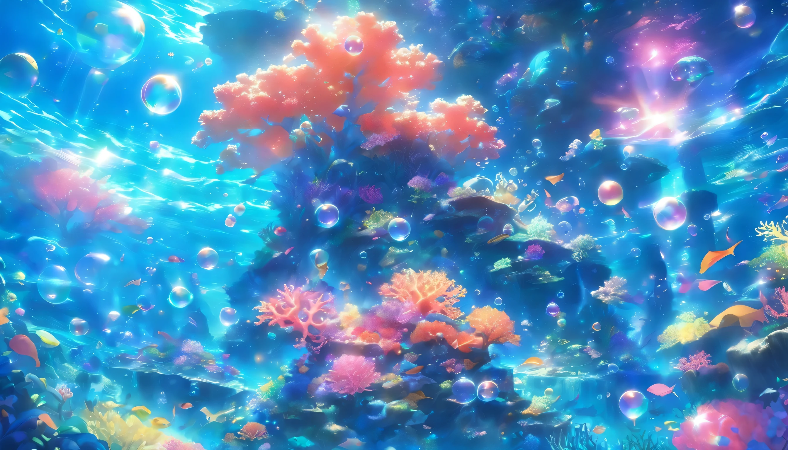 Prismatic, Holographic, masterpiece, 8k, Super detailed、((seabed))、((White and blue light))、((Quiet Sea))、(((Many glowing bubbles)))、((Beautiful seabed))、((Epic Scale))、(((Beautiful coral)))、((reflected sunlight))、((Beautiful sea foam))、Prism Sea、((8kCG))、(((So many bubbles)))