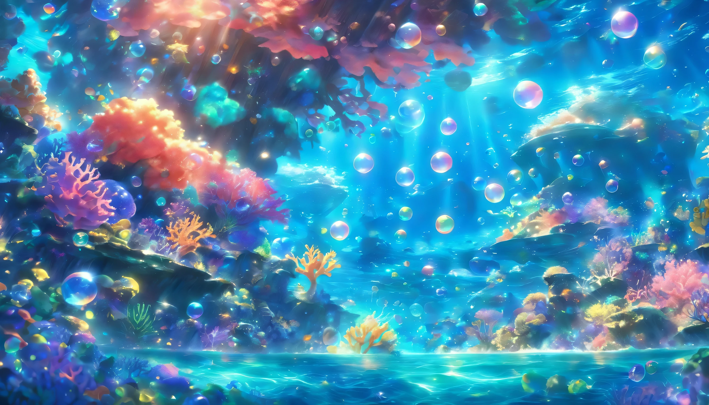 Prismatic, Holographic, masterpiece, 8k, Super detailed、((seabed))、((Colorful light))、((Quiet Sea))、(((Many glowing bubbles)))、((Beautiful seabed))、((Epic Scale))、(((Beautiful coral)))、((reflected sunlight))、((Beautiful sea foam))、Prism Sea、((8kCG))、(((So many bubbles)))
