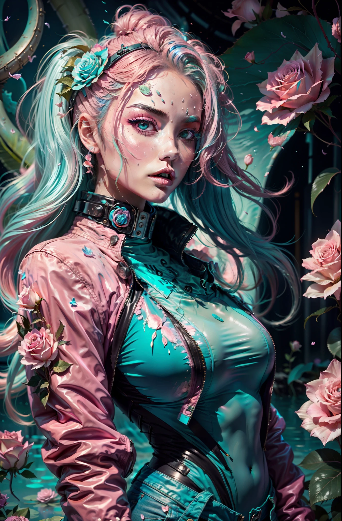 cyberpunk female woman wearing (Rose Quartz Pink Denim Jacket with chromatic accents:1.1), sleek full bodysuit, (Petal Blush,Lagoon Blue color background:1.3),