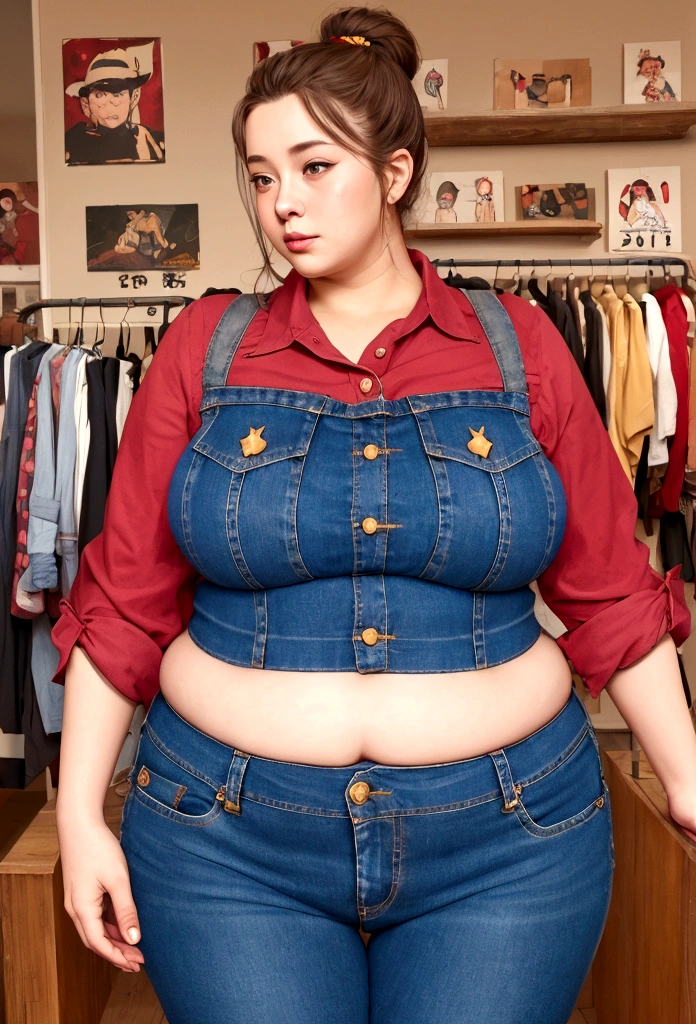 ，illustration of a woman in clothing store, short buttoned blouse with tight red jeans, love handles, belly skinny:1.3, skin indentation, deep skin, best quality, extremely high resolution, sharp focus, dynamic, inside a clothing store (creativity:1.3), chubby belly bulge, Norman Rockwell style (in the style of robutts) (in the style of cowboy bebop) (character design sheets) bbw