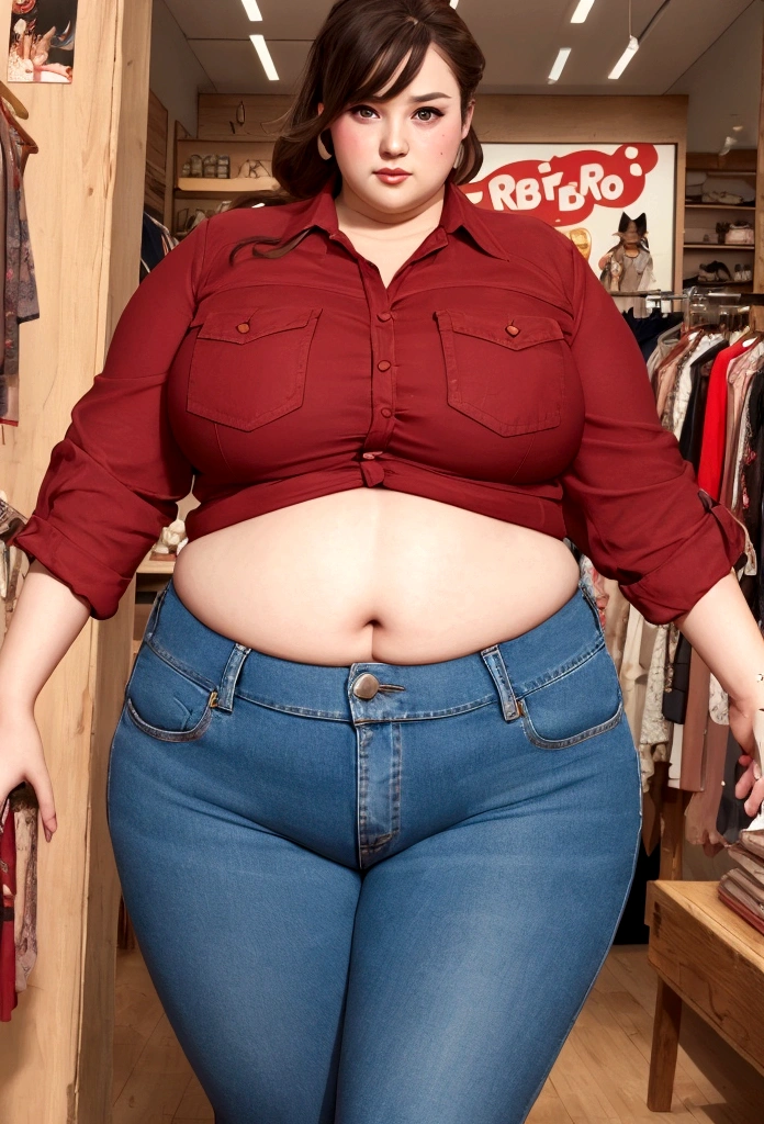 ，illustration of a woman in clothing store, short buttoned blouse with tight red jeans, love handles, belly skinny:1.3, skin indentation, deep skin, best quality, extremely high resolution, sharp focus, dynamic, inside a clothing store (creativity:1.3), chubby belly bulge, Norman Rockwell style (in the style of robutts) (in the style of cowboy bebop) (character design sheets) bbw