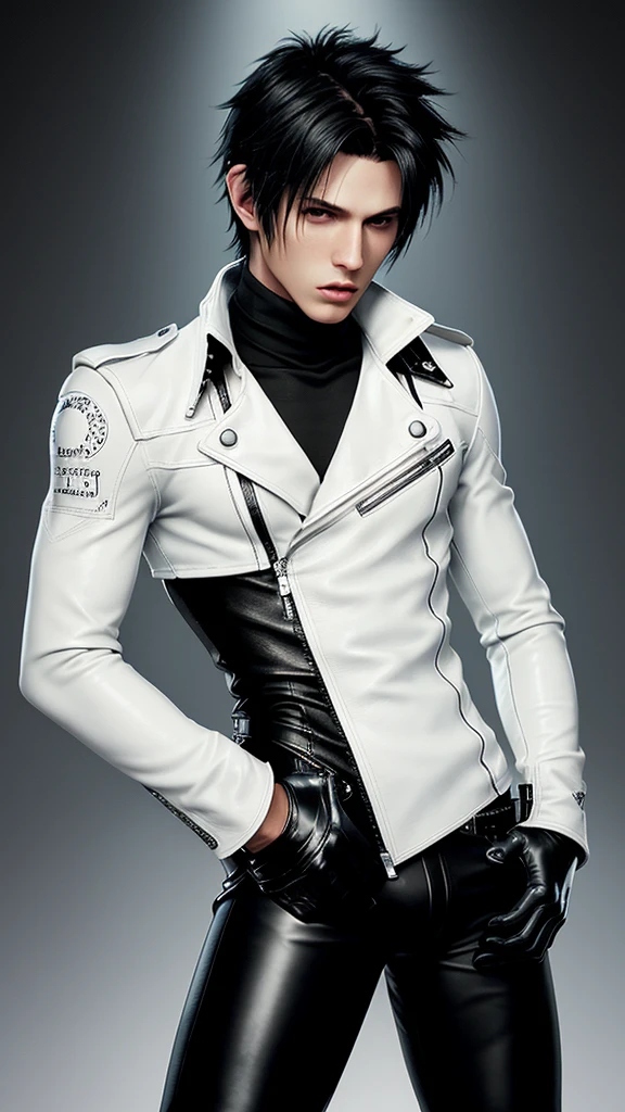 Final fantasy taste and reality graphics, Japanese young cute and cool  boy, thin eyebrows and beady eyes,  he wearing off white color leather thick singlebrest biker jacket, with epaulet,  jacket zipped, jacket is biker style, , jacket collar is high length stand-up collar with belts, jacket is a little black line pattern, also wearing black thick turtleneck shirts,  tight black leather pants, shiny black leather tight and thin glove, black leather knee-high raceup boots,views  head-to-toe,views whole body, boy looks like fashion model,Do not show skin from the neck down,leather jacket leather glove and leather pants have few wrinkles,boy in the room,