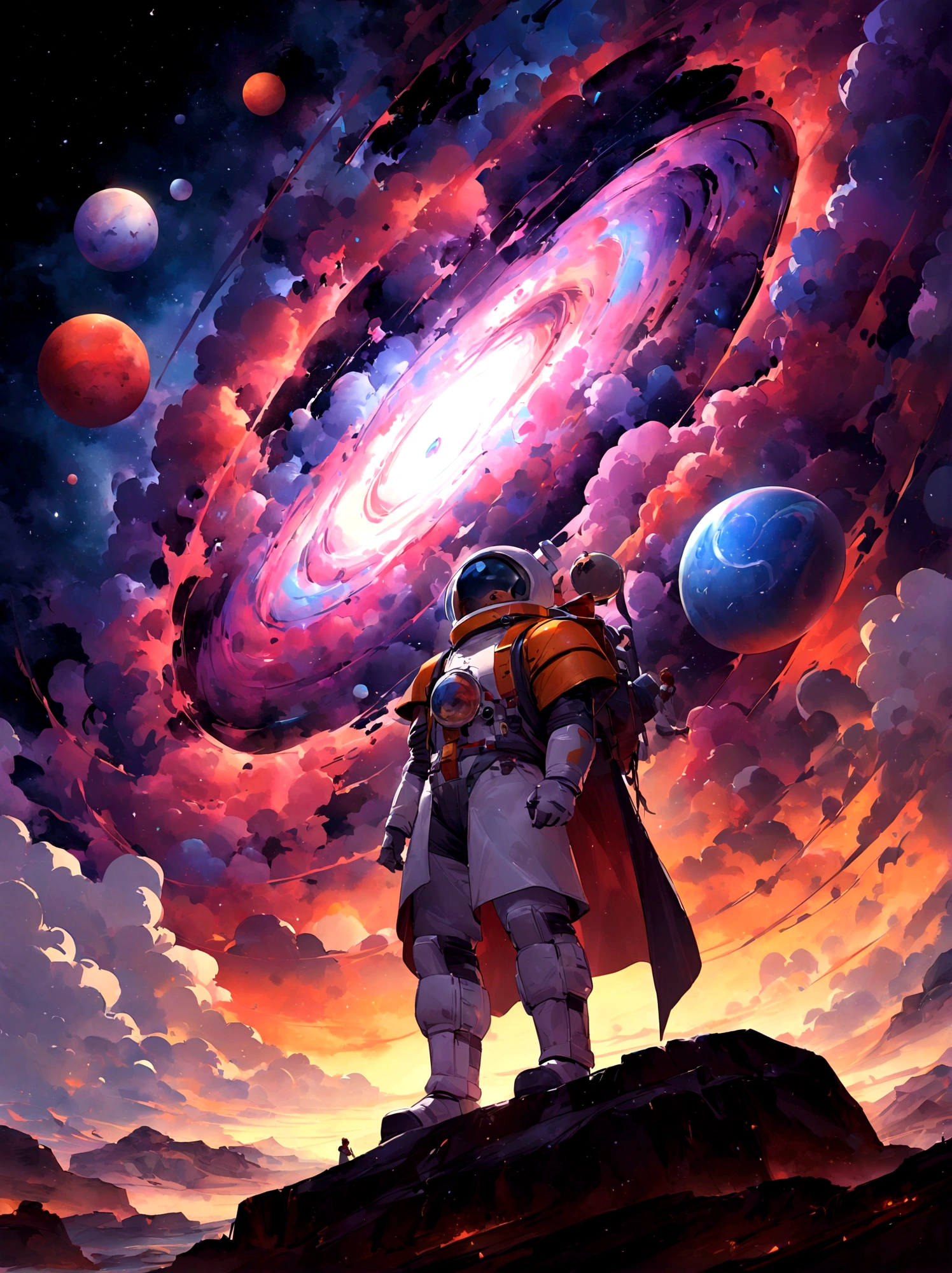 Man in costume'Astronaut standing on a rock looking at the galaxy, Greg Beeple, The endless universe in the background, Inspired by Cyril Rolland, Just Bartell, Head'Work of'Art Gem and Beeple, Cyril Rolland and M. W Karuta, Cyril Rolland and M.W Karuta, Beeple and Jeremy Kettner
