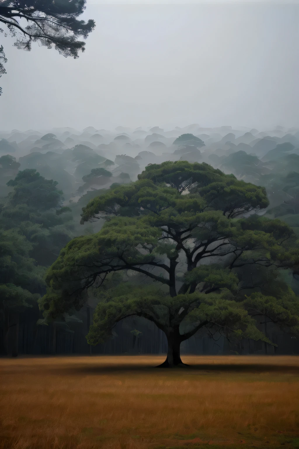 far shot, dense fog, surrealism, modern, cinematic lighting, blurry, Fujicolor, vignetting, wide shot, Fujifilm, lens flare, (best quality,4k,8k,highres,masterpiece:1.2),ultra-detailed,(realistic,photorealistic,photo-realistic:1.37),Ultra wide angle,Focus on the forest,Huge tree