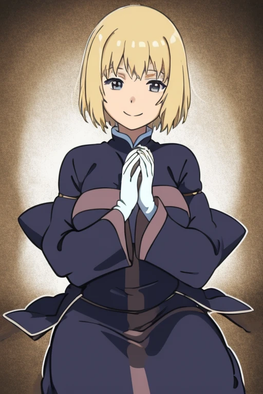 Solo, nun, smile, blonde hair, vail hair. long skirt, long sleeves, sleeves cover her hands, white gloves,