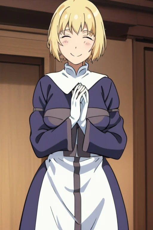 Solo, nun, smile, blonde hair, vail hair. long skirt, long sleeves, sleeves cover her hands, white gloves,
