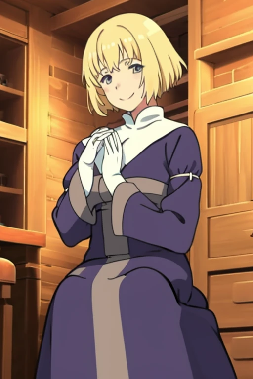 Solo, nun, smile, blonde hair, vail hair. long skirt, long sleeves, sleeves cover her hands, white gloves,