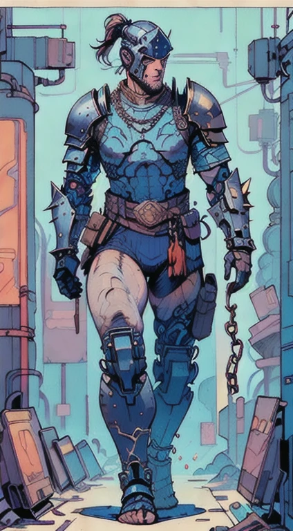 1man, old man, perfect proportions, anatomically correct, (head to toe: 2.0), (full body image: 2.0), solo, extremely stylized, deviant art, masterpiece, highly detailed, detailed eyes, expressive detailed eyes, detailed pupils, futuristic, ((wearing an armored helmet)), ((holding a spiked flail)), (cybernetic arms:1.4), big boots, entire body image, full body shot, nvinkpunk, professional photograph of alexander_skarsgard, tassles, large beads, (large tassels), cyberpunk, inkpunk, paint platter, ink splatter, (action pose:1.0), ((chainmail shirt)), old warrior, long beard, ((armor shoulders))
