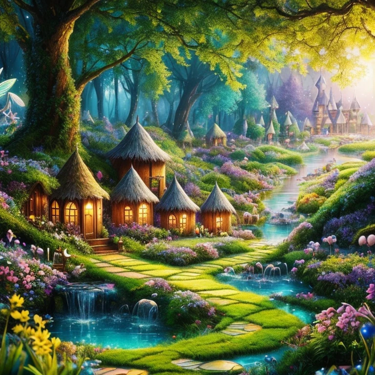 Masterpiece, best quality, high high quality，extremely detail，8K，imagine a magical realm where anything is possible, a green background, magical (((fairy village))), flowers adorn the entranceways, nature sings, full of life, inspiration and love are underlying themes, epic fantasy, fairy tale, intricate details, highly detailed houses line the path, the air sparkles and shines with dew drops, (nature elements), (fairies), (glowing twinkles), (Particle effect) and other 3D，Octane renderingRay trachingSuper meticulous, Depicting the harmony between magic and nature