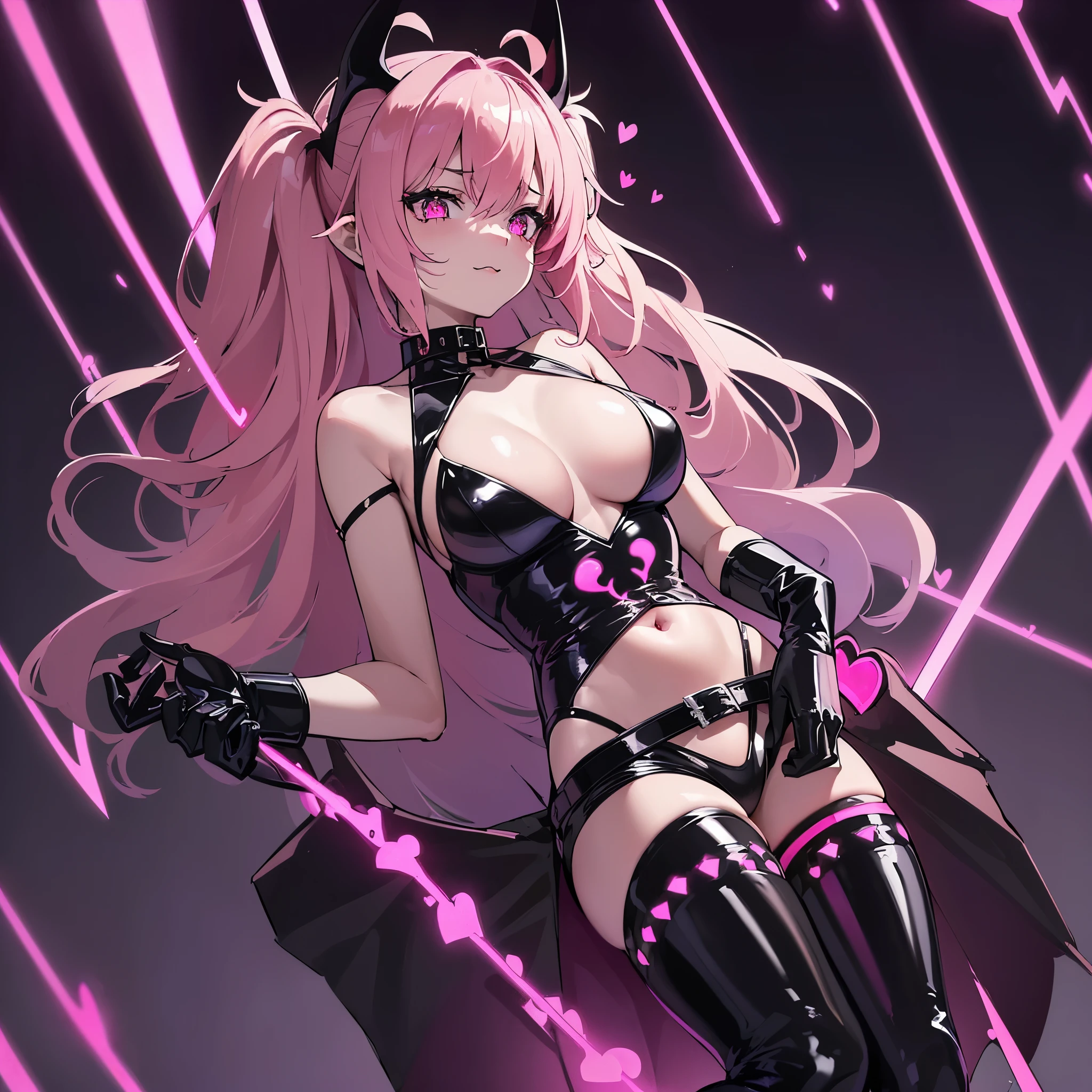 masterpiece, best quality, extremely detailed, green hair, medium hair, red eyes, BREAK (black and shocking-pink theme:1.4), (sexy succubus cosplay costume with pubic tattoo:1.2), (sleeveless black latex high neck crop top with heart-shaped cut keyhole:1.4), ((bare shoulders, bare arms, bare thighs):1.3), (black latex low rise micro shorts:1.3), (shocking-pink grommet belt:1.3), (tight latex black long sleeve:1.3), ((fusion of black high platform coots and thigh high boots) with heel:1.2), (shocking-pink devil horns has bioluminescence glow LED-light on temporal region:1.3), (large bat wings for cosplay:1.4), (black wings:1), (shocking-pink (heart-shaped, heart-symbol) bioluminescence glow LED-light on stomach:1.4), (black bangles for prisoners:1.2),smile
