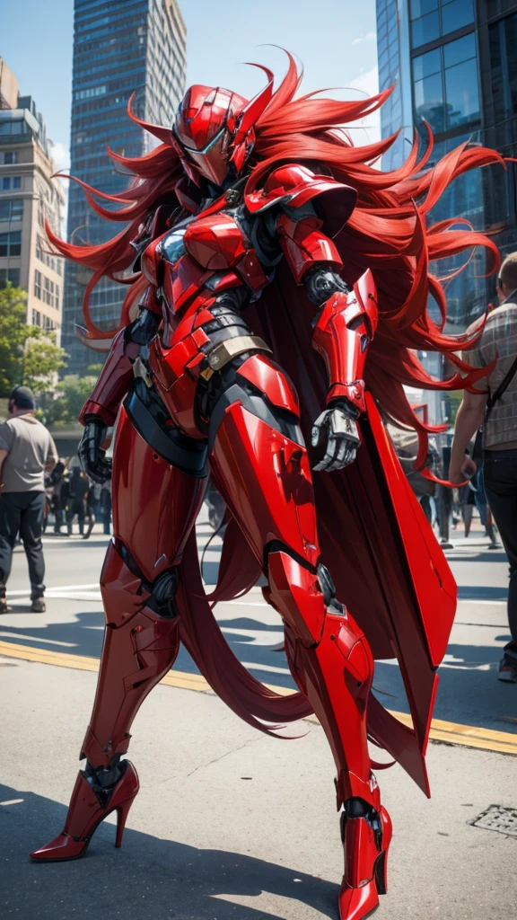 Large red long-haired female robot，helmet，Full body red armor，mechanical joint，Chest，fit，，high heels，front，City