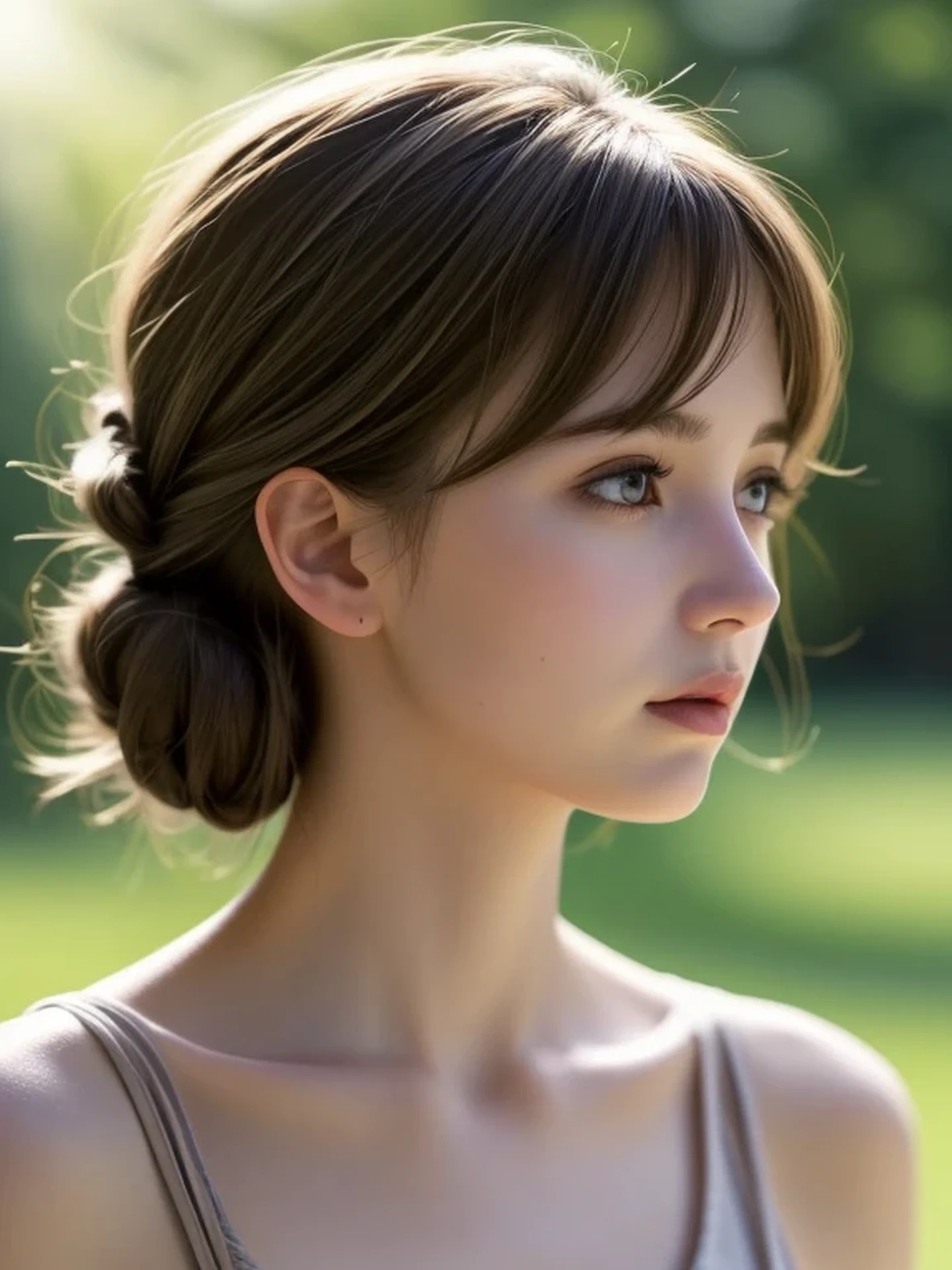 (looking away:1.4), (upper body shot:1.2), Realistic digital painting of a woman portrait, Shy, Cute, open mouth to say something, sad, blue eyes, (half updo:1.1), (light brown brunette hair:1.3), bangs, (Highly detailed skin:1.2), Mystical style, Global Illumination,