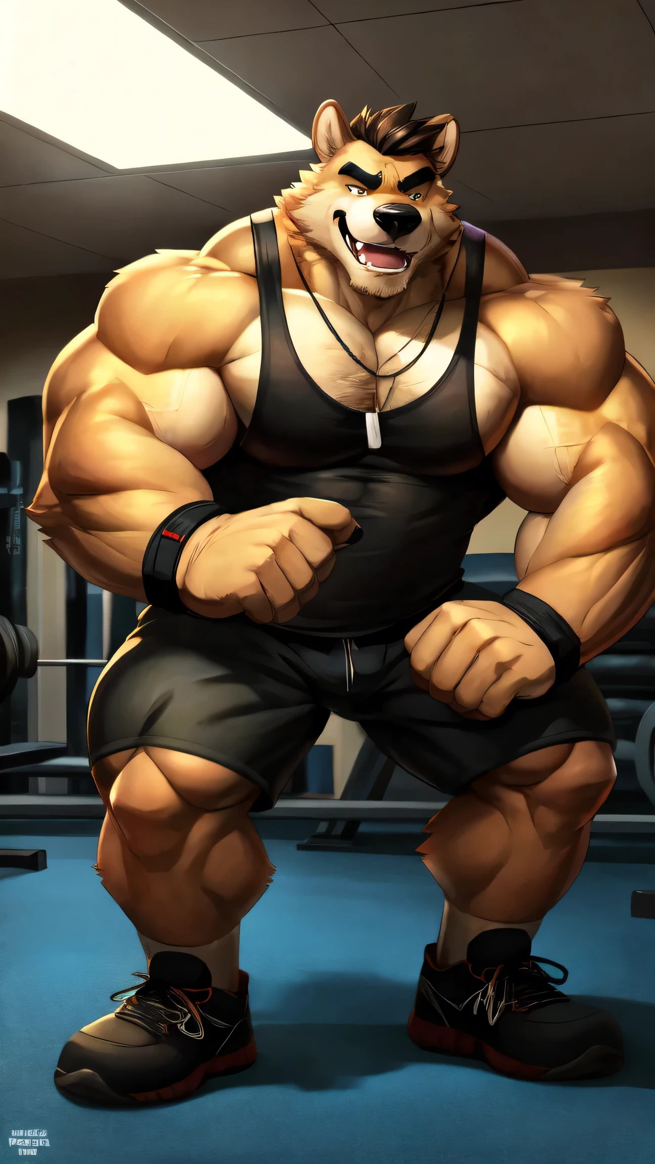 By dangpa, By daveoverlord, by kuulongarl, by takemoto, by kusunagi grizzly bear, muscular, topless, military, gym, working out, training, giving 20 pushups, huge pec, pectoral, large, black tank top, black gym shorts, black wristbands, black gym shoes, dog tag necklace, wearing black sun glasses, attractive guy, 8k furry art