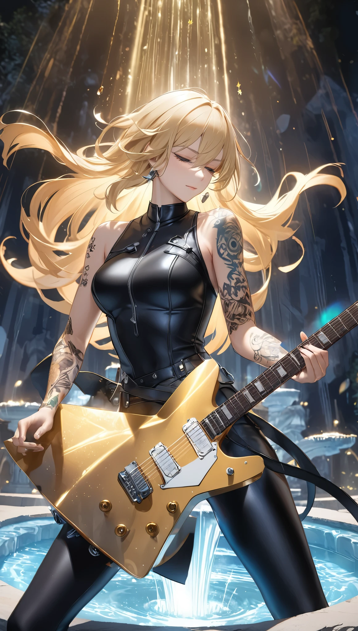 best quality, super fine, 16k, extremely detailed, 2.5D, delicate and dynamic, beautiful and cool rock guitarist playing guitar solo while standing in the center of stone fountain, cool guitar with (star-shaped gold body), slim and tight leather outfit, tattoo on arms, blonde hair, cool standing posture, mysterious and fantastical light-up effect