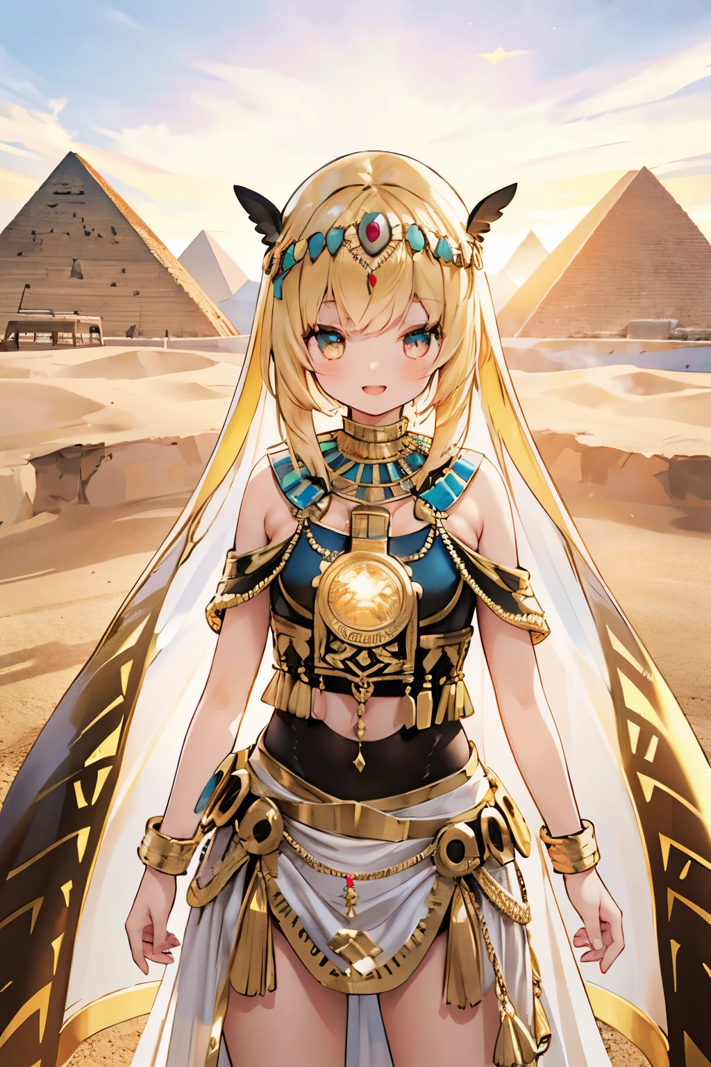 a young girl visiting the egyptian pyramids, smiling, adventurous style, energetic, highly detailed, photorealistic, 8k, hyperrealistic, extremely detailed, cinematic lighting, warm color tones, dramatic shadows, ornate jewelry, intricate clothing details, confident pose, dynamic composition, golden hour lighting, volumetric fog, atmospheric haze
