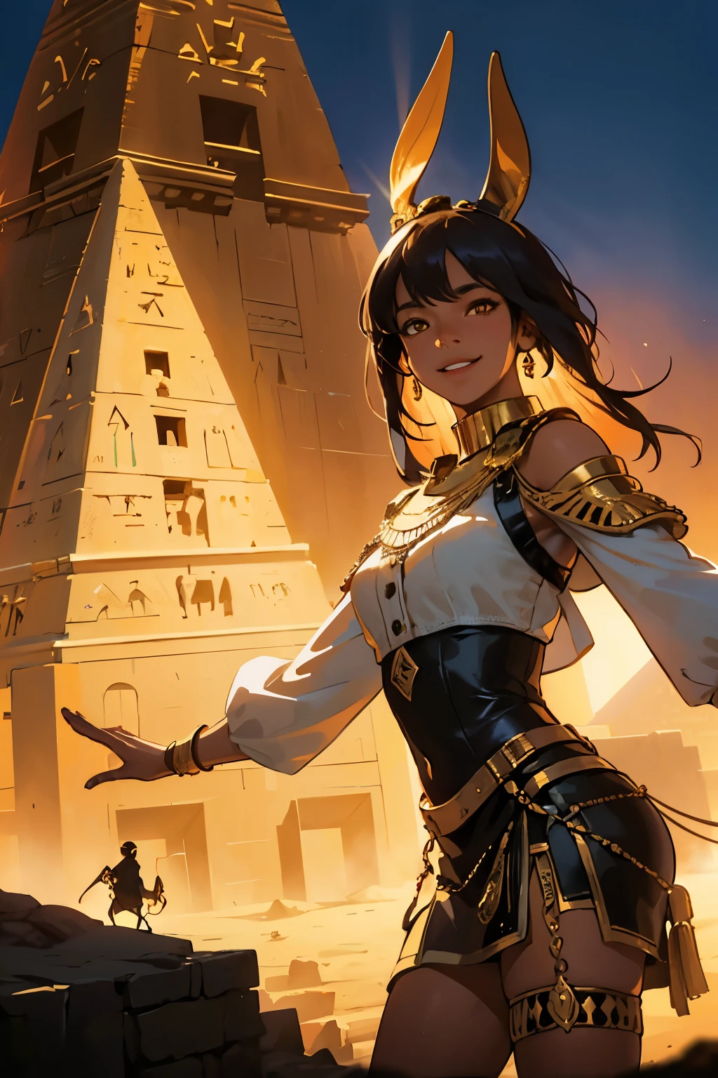 a young girl visiting the egyptian pyramids, smiling, adventurous style, energetic, highly detailed, photorealistic, 8k, hyperrealistic, extremely detailed, cinematic lighting, warm color tones, dramatic shadows, ornate jewelry, intricate clothing details, confident pose, dynamic composition, golden hour lighting, volumetric fog, atmospheric haze