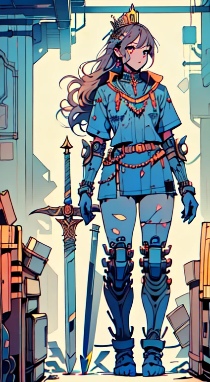 perfect proportions, anatomically correct, (head to toe: 2.0), (full body image: 2.0), solo, extremely stylized, deviant art, masterpiece, highly detailed, detailed eyes, expressive detailed eyes, detailed pupils, futuristic, ((wearing a crown)), ((holding a scimitar and shield)), (cybernetic arms:1.4), big boots, entire body image, full body shot, tassles, large beads, (large tassels), cyberpunk, inkpunk, paint platter, ink splatter, (action pose:1.0), ((chainmail shirt))