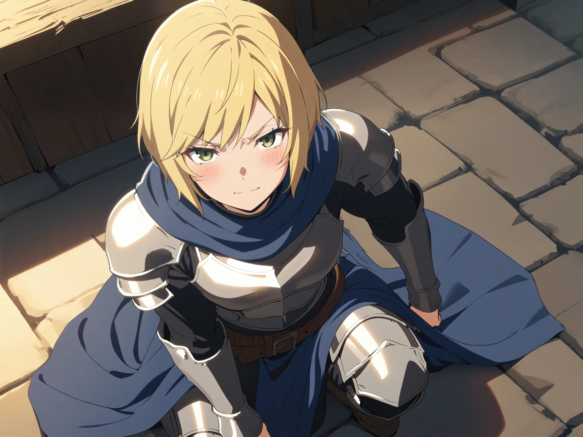 {{cowboy shot, pov, from above}} {{Artist: Sincos}} 1girl, solo, muscular female, mature female, androgynous, tomboy, neutral expression, faint smile, mouth closed, on one knee, blonde hair, very short hair, bob cut, green eyes, flat chest, plate armor, blue cloth, blue cloak, leather belt, bedroom, indoors, stone floor, looking at viewer, medieval fantasy.
