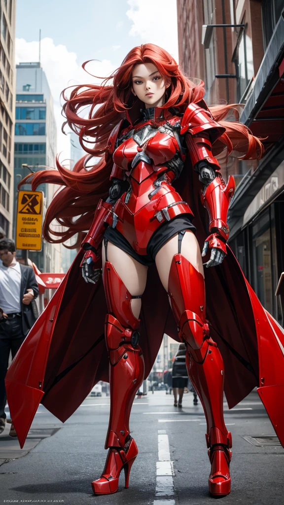 Large red long-haired female robot，Face，Full body red armor，mechanical joint，Chest，fit，，high heels，front，City