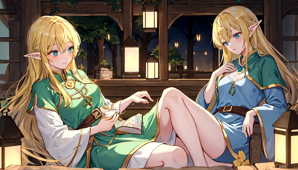 Create a digital illustration of a beautiful elf napping in a medieval tavern。Elves are blonde、Has emerald eyes、Wearing a blue cloak。There are other customers in the background.、Draw a cozy and warm scene。Lighting should be soft and golden, such as from lanterns or candles.。The art style is detailed and resembles fantasy art.、Delicate and fine line drawing、Draw faces, hands, and toes with precision.。There is a sense of transparency overall.、Make it a fantastic atmosphere。Focus on a magical and inviting environment。