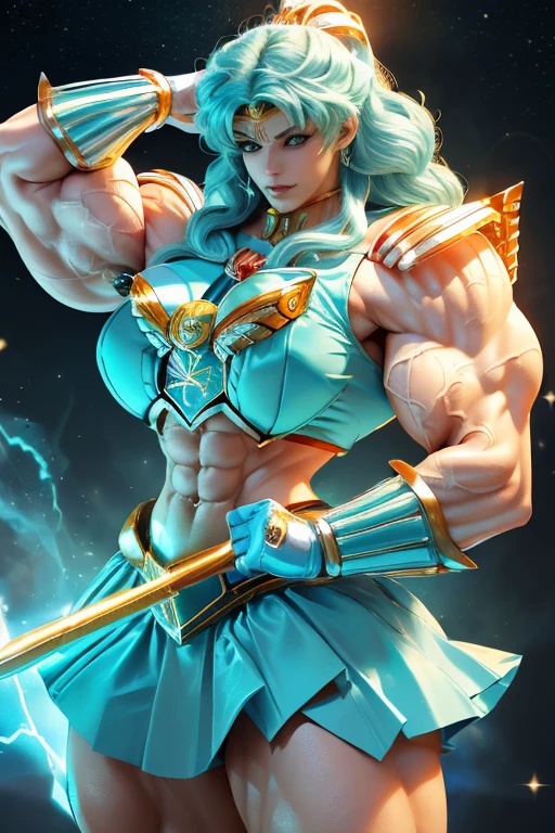 ((((Massive, tall, beautiful, buff, pale light skinned muscular woman with cyan hair, ginormous bulky muscles and wearing a cyan mechanized sailor moon costume and skirt)))), (close view), massive muscles, massive biceps, hyper muscle triceps, pale skin, medium length cyan hair, purple eyes, black lipstick, cyan tiara, purple boots, holding a rapier sword, cyan fire, in space, green aura, Big Bang, ht time, smirk, hyper muscles arms, hyper muscle legs, ((massive arms)).