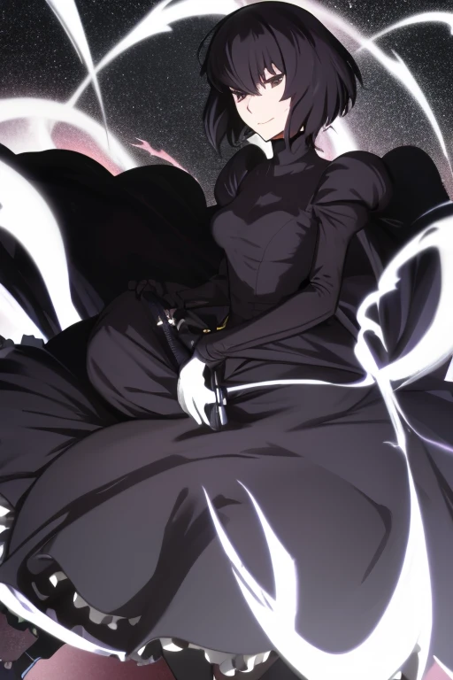 alicekuonji, smile, long black dress, puffy sleeves, black cape ,long skirt, white gloves, park, black tights, best quality 