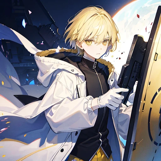1 male, alone, 18-year-old, blonde, short hair, Fluffy hair, Yellow Eyes, White clothes, White outerwear, White gloves, Long sleeve, Ally, Honesty, Serious expression, Hold a large shield in front of your body