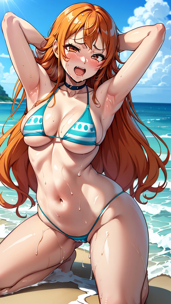 best quality, official art, masterpiece, textile shading, HDR, very detailed, colorful, best details, (Adult,19 years old, One Girl, alone, one peace nami:1.3, hentai:1.5, bitch, long hair, curly hair, brown hair, very colorful micro bikini:1.5, medium breast, puffy nipples:1.3, skinny:1.5, cameltoe:1.5, blue eye, public indecency:1.5, beach:1.5, contemptuous,
