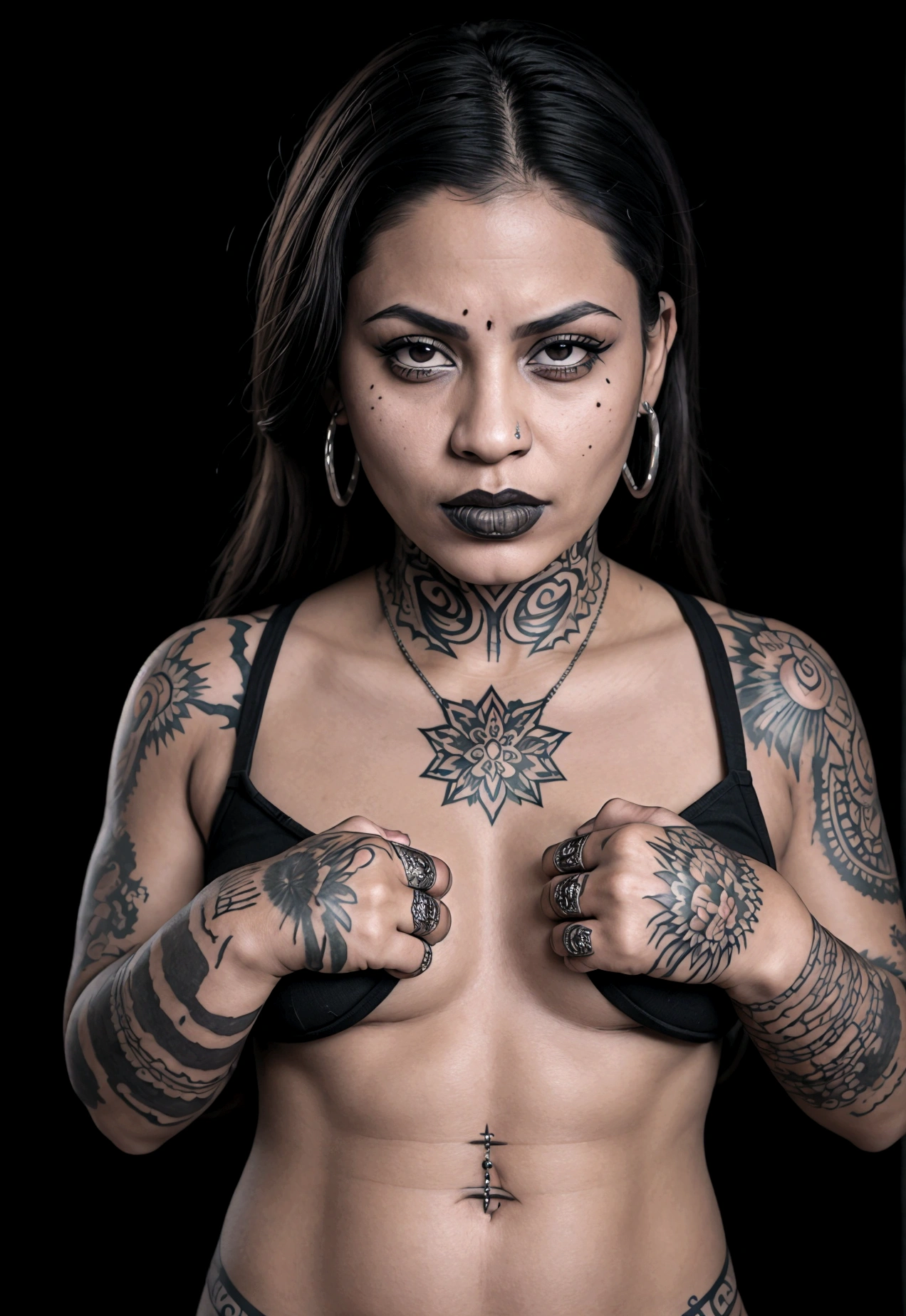 a female mexican gangster,chola style,full of tattoos,pointing a revolver gun,detailed face and eyes,dramatic lighting,dark moody atmosphere,cinematic composition,gritty,realistic,photorealistic,high quality,8k,professional,masterpiece